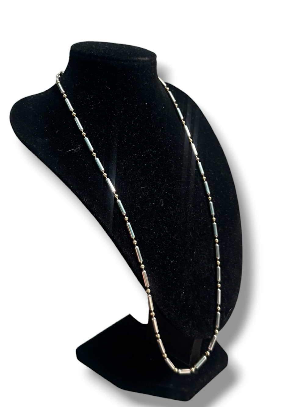 925 Sterling Silver Two Tone Bar Link Necklace Gold Accent Beads Long Chain